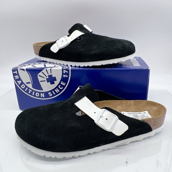 Birkenstock Other - Birkenstock Boston Clog Suede Leather/ Birko-Flor Black White EU 42 Mens 9- 9.5